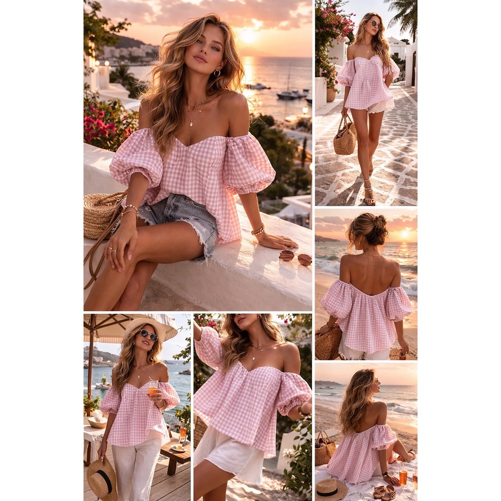 Caroline Constas Pink Gingham‎ Puff Sleeve Corset Top Cottagecore Blouse S